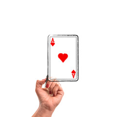 woman hand with pencil draws Ace of Heart Card on white isolated 