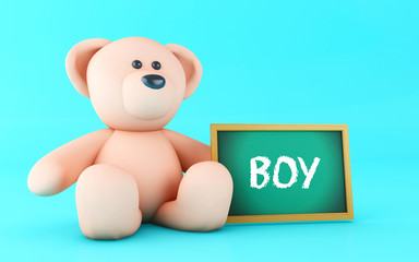 3d Teddy bear and Boy text.