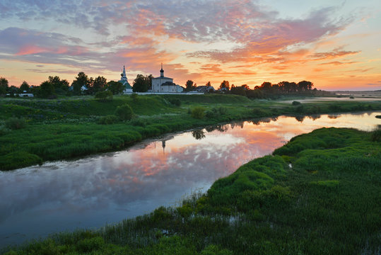 Kideksha village landscape. View to the Church of Boris and Gleb from the Nerl river bank. It is one of the oldest church in Russia, built in 1152.