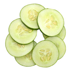 Cucumber and slices isolated over white background.