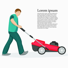 Man mows lawn. Vector illustration with copy space. Divided into layers.