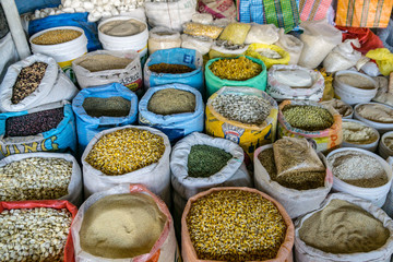 Grains and Herbs at an Outdoor Market in Peru