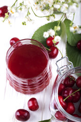glass with cherry compote.Cherry drink. Fresh cherry cocktail. Fresh summer cocktail with cherry