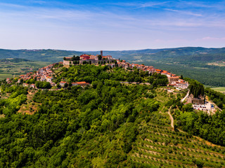 Fototapeta na wymiar Motovun village in central Istria, Croatia, aerial shot with drone
