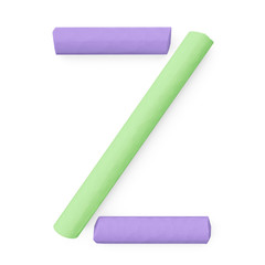 Colored sidewalk or blackboard chalks assembled like capital letter Z on white background, 3D rendered font image