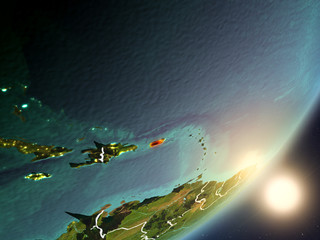 Sun rising above Puerto Rico from space