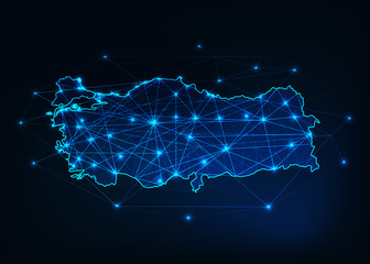 Turkey map outline with stars and lines abstract framework.