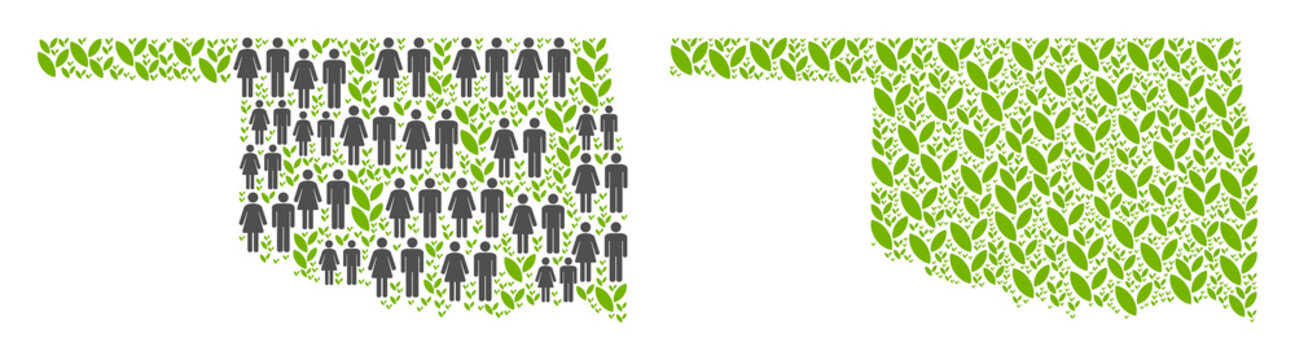 People Population And Environment Oklahoma State Map. Vector Collage Of Oklahoma State Map Combined Of Randomized Crowd And Agriculture Items In Variable Sizes.