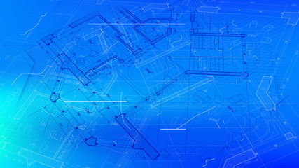 architectural blueprint - the architectural plan of a modern residential building with the layout of the interiors of different rooms, elements of furniture & equipment on a  technological background