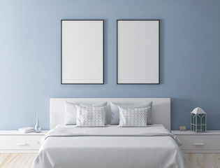 Poster frame mock up in modern bedroom 3d rendering