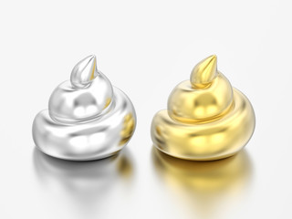 3D illustration two realistic silver and gold chrome poops shits