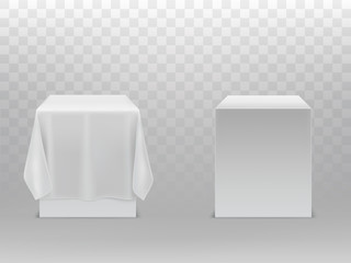Vector 3d realistic cubes with shadows isolated on background. Mock up, template of box, package container under white silk fabric. Front view of solid podium, stand or block with satin textile.