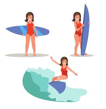 A set of images of a female surfer. Posing with a surfboard, riding the waves.