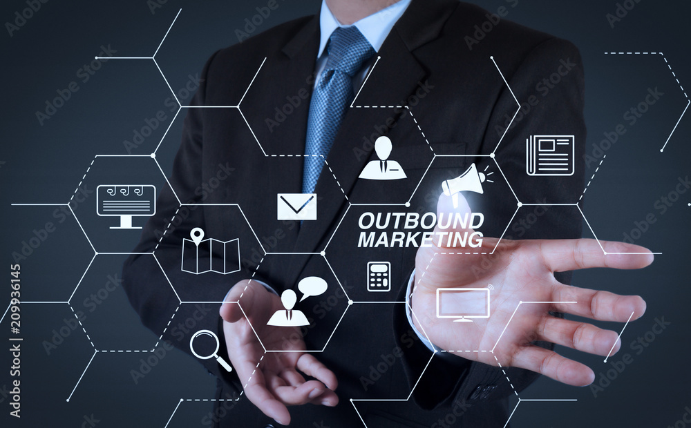 Poster business man with an open hand as showing something