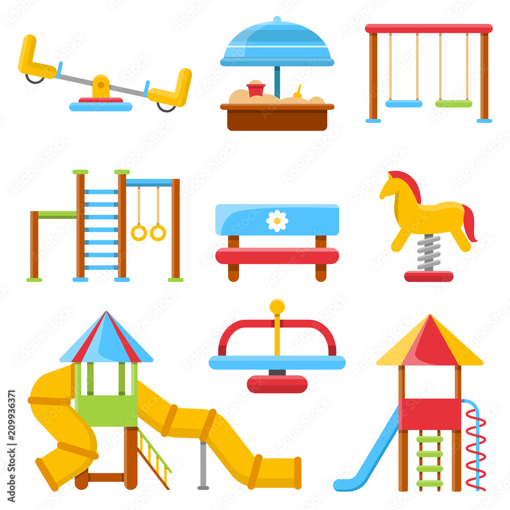 Wall mural Flat illustrations of kids playground with various equipment