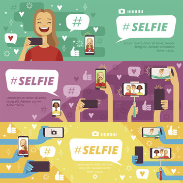 Horizontal banners with people which making selfie photos on his smartphones and photo cameras