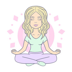 Cute hand drawn woman meditating, vector illustration on white background.