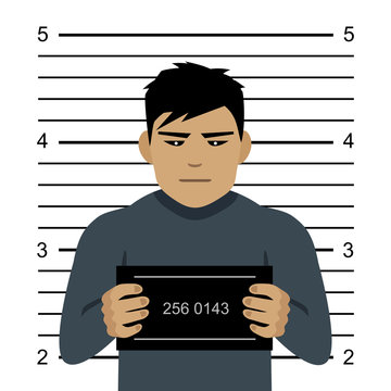 Mugshot of evil criminal, flat style vector illustration.