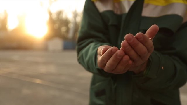 Close up shot of adult farmer man hands holding wheat grain in warm sunset light. Grain sifts through fingers. Agronomist male hands strew grain in slow motion on sunrise. Rich harvest concept.