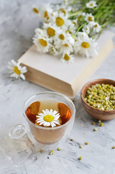 Cup of tea with chamomile flowers on gray background, book reading, free time concept