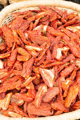 Red Italian sun dried tomatoes on Italian street market