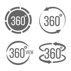 Creative vector illustration of 360 degrees view related sign set isolated on transparent background. Art design. Abstract concept graphic rotation arrows, panorama, virtual reality helmet element