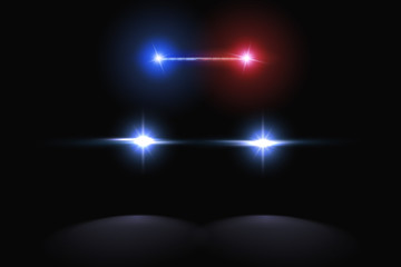 Creative vector illustration of police car silhouette headlights, blinking isolated on transparent background. Glowing headlamp. Red, blue siren lights. Art design. Abstract concept graphic element