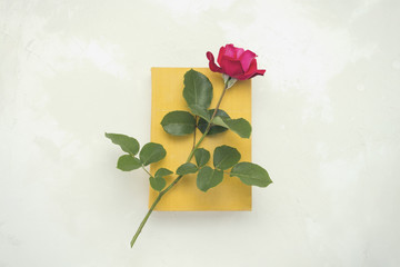 Red rose on a book with a yellow cover on a light stone background. The concept of romantic literature. Flat lay, top view