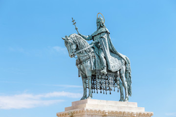 Fototapeta premium Equestrian statue of Saint Stephen or Istvan near the Fishermans Bastion at the Buda castle in Budapest
