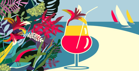 Tropical coctail background with ocean and sails