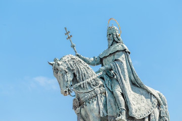 Equestrian statue of Saint Stephen or Istvan near the Fishermans Bastion at the Buda castle in...