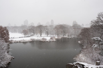Looking out over Turtle Pond and the Great Lawn in New York City’s Central Park on a snowy weekend afternoon. Central Park covered in a dusting of snow. Gloomy day in Central Park New York City.
