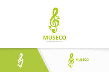 Vector treble clef and leaf logo combination. Music and eco symbol or icon. Unique sound and organic logotype design template.
