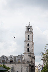 Fototapeta na wymiar Pigeon flies near the belfry of the Basilica de San Francisco de Asís (Basilica of San Francisco of Asis) in the Plaza of San Francisco, also known as Pigeon Square, in Old Town Havana, Cuba.
