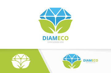 Vector diamond and leaf logo combination. Jewelry and eco symbol or icon. Unique gem and organic logotype design template.