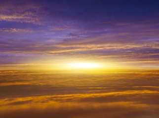 Sunset . Sunlight pierces through the clouds . Background sky at sunset and dawn .  Flare
