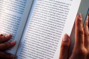 MUJER LEYENDO UN LIBRO. DETALLE MANO Y LIBRO