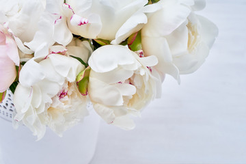 White peony flowers in the white flower pot. Flowers background. Top view, copy space