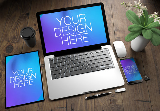 Top View of Devices on Wooden Desk Mockup