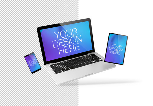 Floating Monitor, Tablet, and Smartphone Mockup