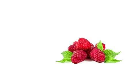 Ripe raspberry with green leaf on white background