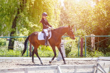 Young girl riding horse on equestrian competition. Equestrian dressage sport background with copy...