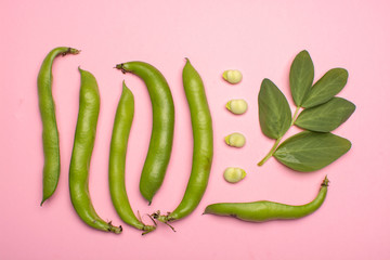 Flat lay food concept with fresh green ripe bread beans copy space close up isolated on pink background