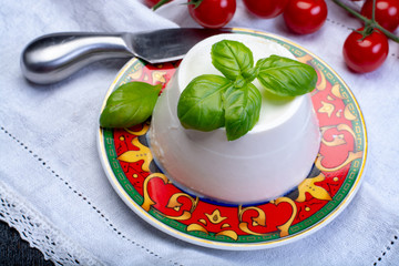 Italian soft cheese, young white ricotta cheese served with fresh basil and tasty ripe cherry tomatoes