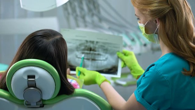 Dentist and patient watching teeth x-ray image, cavities, periodontal disease