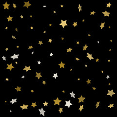 Abstract pattern of random falling gold stars on black background. Glitter pattern for banner, greeting card, Christmas and New Year card, invitation, postcard, paper packaging. Vector illustration