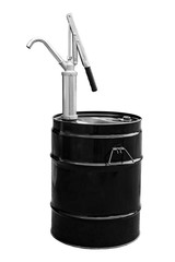 metal barrel with pump and canister on white background