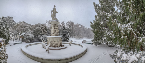 SOCHI, RUSSIA - JANUARY 29, 2017: Fountain of Tale during a snowfall.