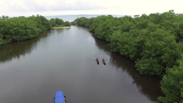 By boat through the canals of Salt Creek mangroves.  Sailing through the tropical landscape in Bastimentos island. Tropical vegetation aerial drone view. 