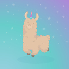 Cartoon llama. Cute lama. Alpaca. Card on colorful background. Vector